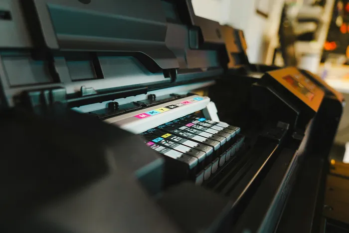 A professional printer with color ink cartridges visible inside, suitable for printing high-quality documents, which relates to PDF printing and management.